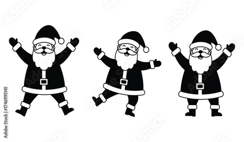 Three cheerful santa claus characters celebrating the holiday spirit with joyful poses and festive outfits ready for christmas promotions and designs isolated on white background