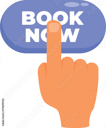 Cartoon hand is pressing a purple button with the words book now for making online booking or reservation