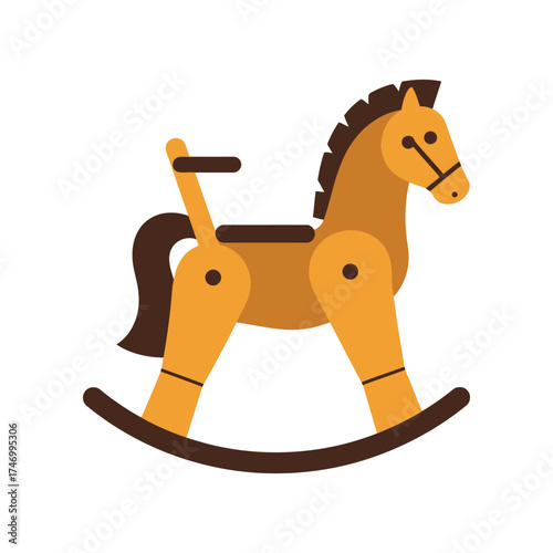 A charming wooden rocking horse toy with a brown mane and tail on a white background evoking childhood nostalgia and classic play