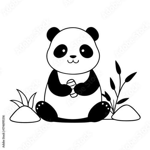 adorable baby panda coloring page vector art illustration.