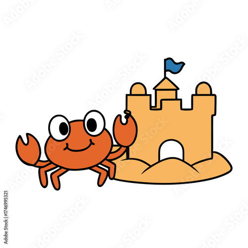 baby crab building a sandcastle at the beach vector art.