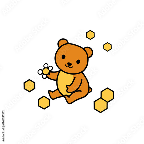 baby bear playing with honeycomb pieces and bees vector art.