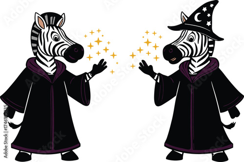 Two cartoon zebras dressed as wizards casting magical spell with sparkles, whimsical fantasy animal illustration, anthropomorphic magical 