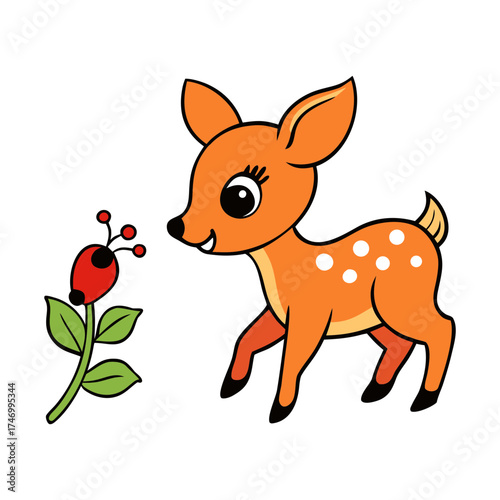 baby deer sniffing a ladybug on a flower vector art.