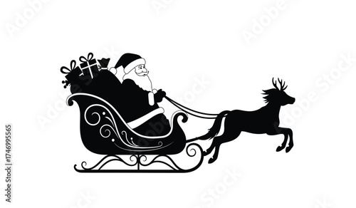 Santa claus silhouette riding reindeer sleigh full of gifts winter holiday christmas eve festive celebration season noel isolated on white background