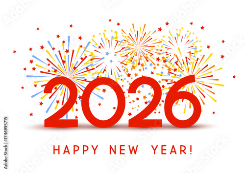 New Year 2026 greeting card design with color firework on white background