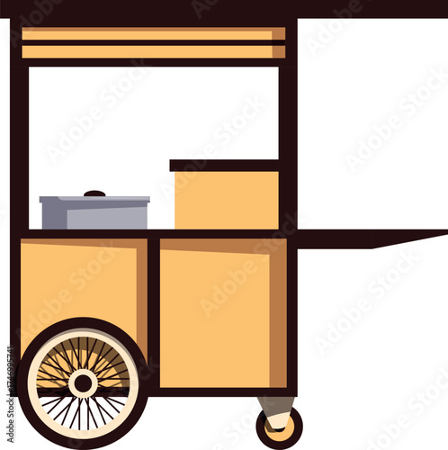 Side view of a mobile food cart featuring a cooking pot, storage compartments, and wheels, ready to serve street food