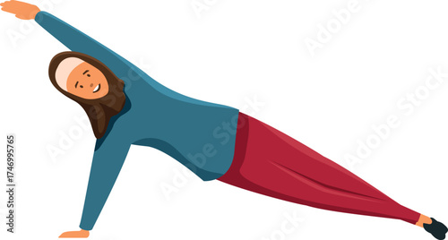 Young muslim woman practicing yoga side plank pose, promoting healthy lifestyle, fitness, and wellbeing