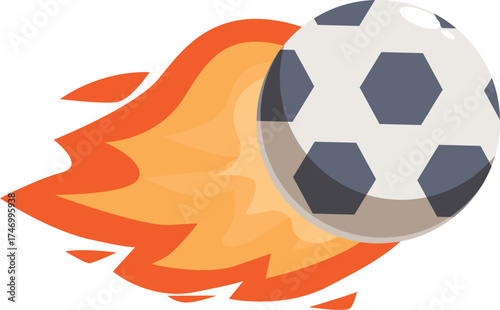 Soccer ball speeding through air, engulfed in flames, symbolizing intensity and passion of the game