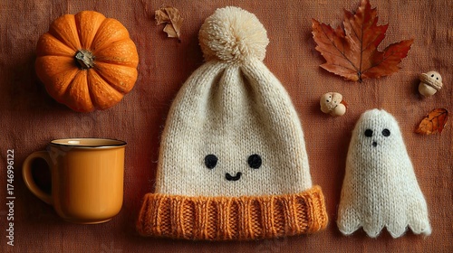 Cozy flat lay of knitted sweater, pumpkin coffee mug, maple leaves, and tiny ghost decorations