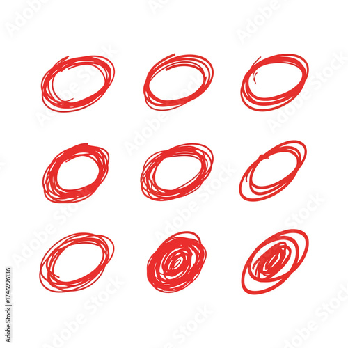 Vector art of nine red scribbled oval shapes