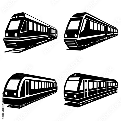 Four black and white train illustrations showing different train styles and perspectives on a white background