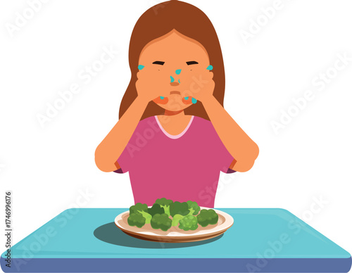 Little girl refusing to eat broccoli covering her face with hands, expressing disgust for healthy food