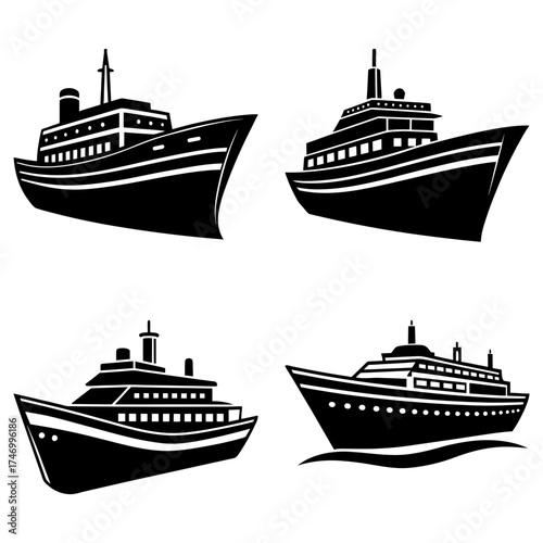 Collection of four black and white cruise ship illustrations in varying styles and orientations