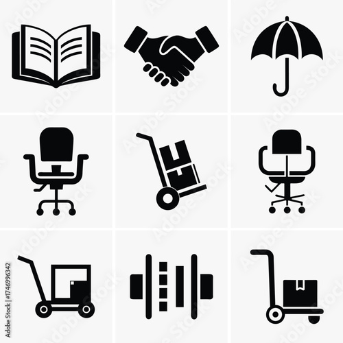 Black office icons show book, handshake, umbrella, cart, chair, and cord isolated