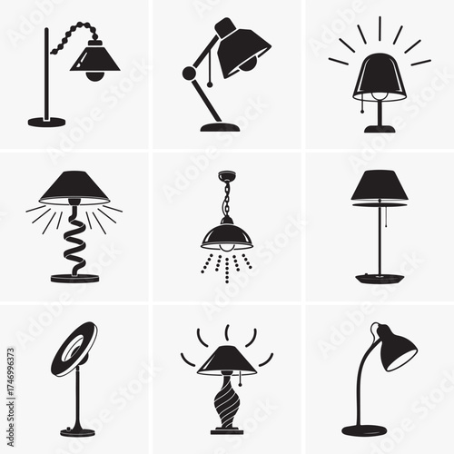 Assorted black lamp icons display different light fixture styles against a clean white background