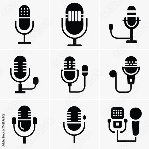 Nine different stylized black microphones are arranged in a grid against a plain background