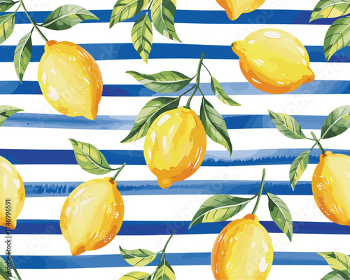 Seamless Pattern of Ripe Lemons on a Blue Striped Background