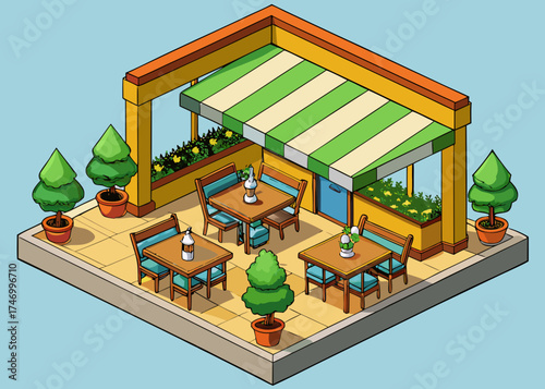 Isometric outdoor cafe seating area with tables chairs and plants