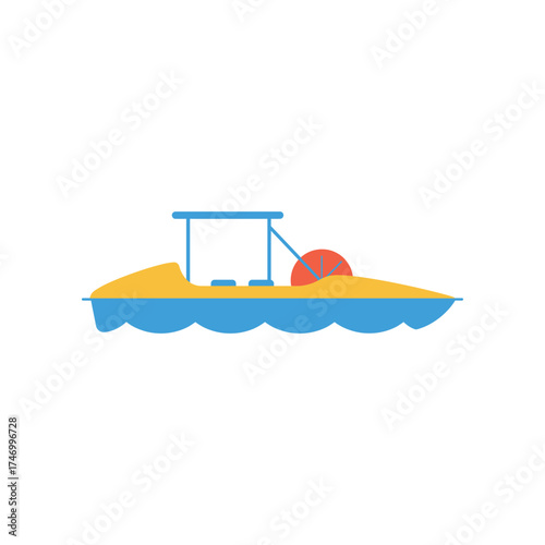 Stylized cartoon illustration of a yellow and blue paddle boat with a red umbrella on a white background depicting gentle blue waves below