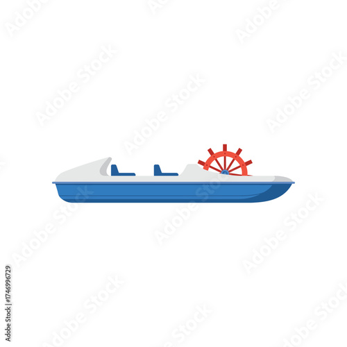 A simple cartoon illustration of a blue and white pedal boat with a red paddle wheel and two seats on a white background