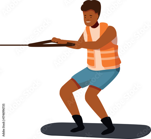Happy athlete wakeboarding, holding handle and keeping balance, summer water extreme sports activity
