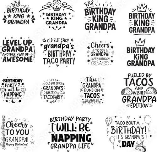 A collection of hand-drawn, black and white typography designs featuring birthday wishes and humorous sayings for grandpas, all isolated on a white background.