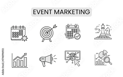 Event Marketing Icon Set Isolated Vector Illustration Concept With Icon Of Event, Tag, Earth Globe, Megaphone, Invoice, Shopping Bag In Glyph Style