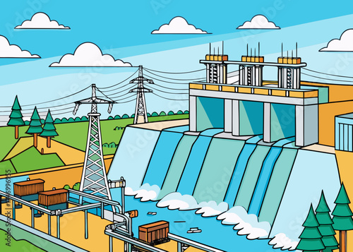Hydroelectric power plant with flowing water and power lines