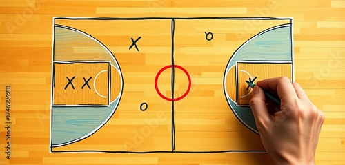 Hand draws X's and O's on basketball court diagram,  drawing,   tactical diagram