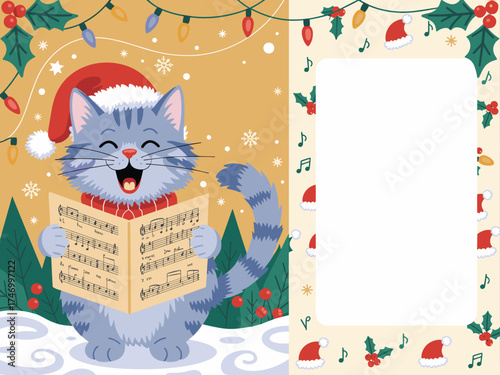 Cute cat wearing a Santa hat singing Christmas carols with sheet music and festive decorations