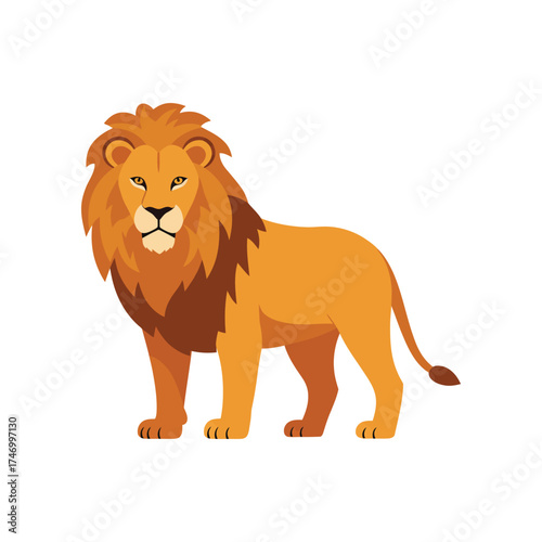 Majestic male lion standing confidently with a full mane and intense gaze on a clean white background