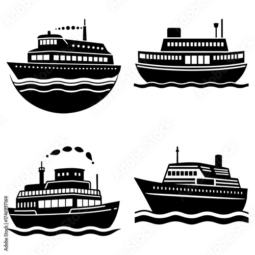 Four black and white ferry boats with different designs sailing on water in a graphic illustration style