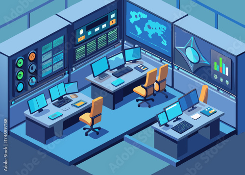 Modern control room with multiple monitors and computers