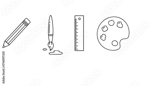 Minimal 4 Icon Vector Set – Art and Design Symbols of Pencil, Brush, Ruler and Color Palette in Flat SVG Outline Style on White Background