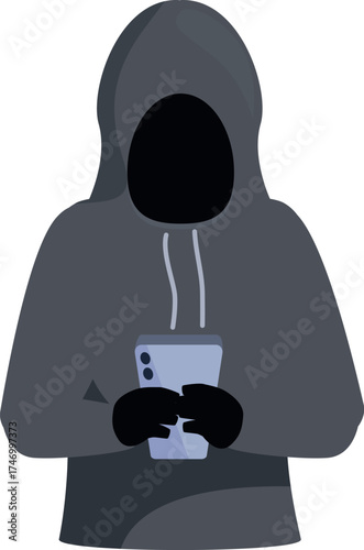 Hooded hacker using smartphone, symbolizing cybercrime, data breaches, and online security threats