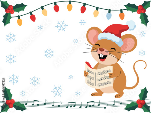Cute cartoon mouse in a Santa hat singing Christmas carols with festive decorations
