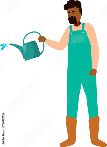 Male farmer is watering plants using watering can, working in garden or greenhouse, taking care of plants
