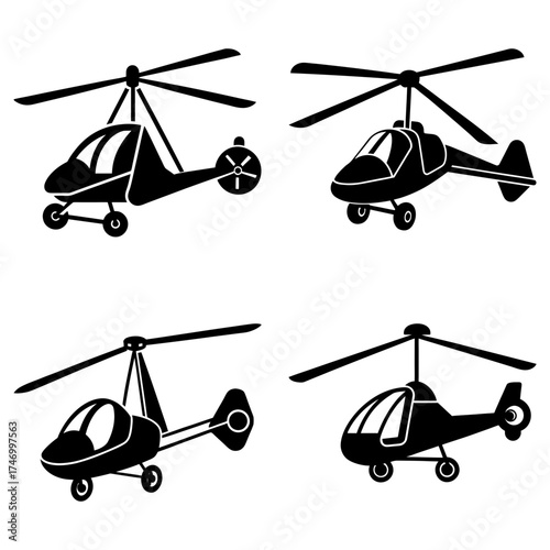 Four stylized helicopters with rotors and landing gear in black and white illustration style design