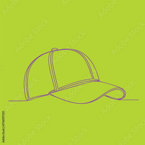 Minimalist outline of a baseball cap with curved brim and structured crown on vibrant green