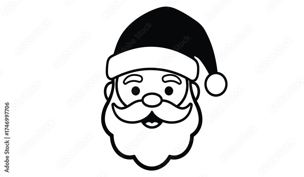 Fototapeta premium Simple black and white line art icon of santa claus face with beard and hat festive christmas character for holiday design and greeting cards isolated on white background