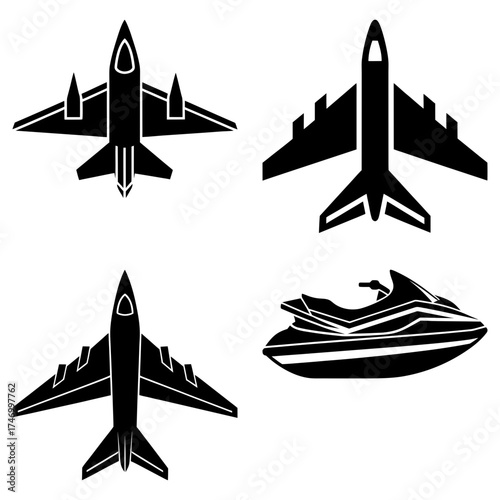 Collection of black silhouettes featuring three airplanes and one jet ski on a white background
