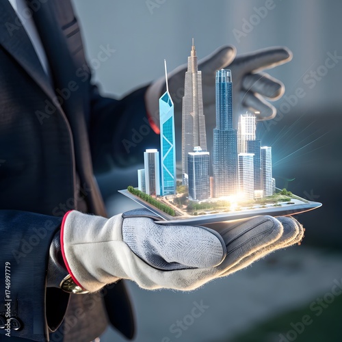 “A close-up of a digital architect's hand interacting with a 3D model of a futuristic city.”