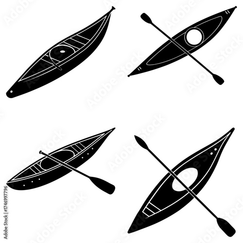 Four black and white vector images of kayaks with paddles in varying orientations on a white background