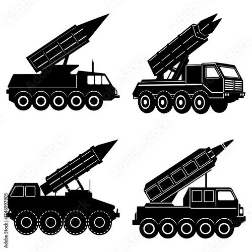 Four black and white silhouettes of missile launcher vehicles in various positions and orientations