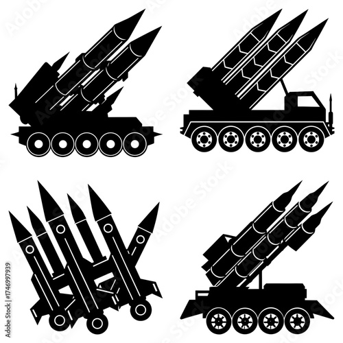 Four black and white silhouette illustrations of missile launcher vehicles on a white background image design