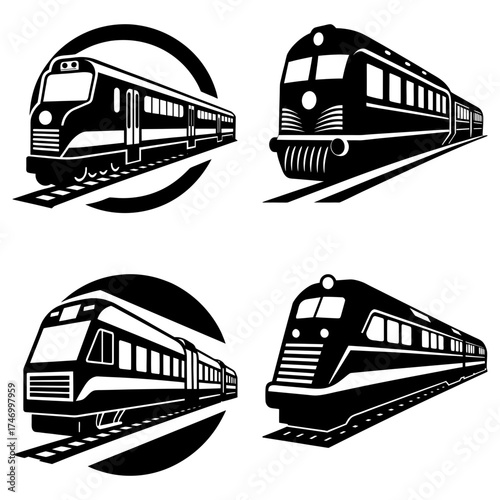 Illustration featuring four distinct black and white train designs on a white background in different layouts