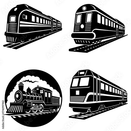 Collection of four different monochrome train illustrations in various styles and orientations