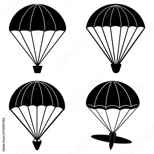 Four parachute icons in black and white showing different angles and landing with a surfboard design 100