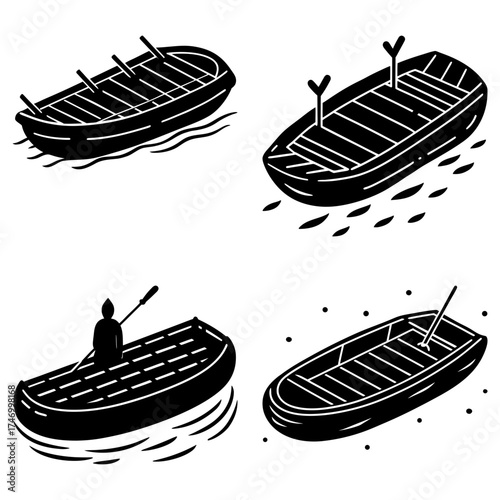 Four monochrome illustrations depicting various rowboats on water with different perspectives and details